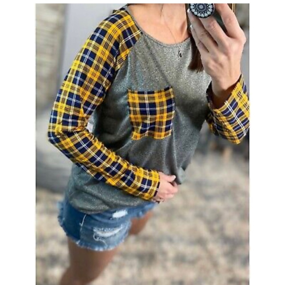 New!Ultra Buttery Soft Raglan Plaid Long Sleeve Accent Pocket Comfy Top